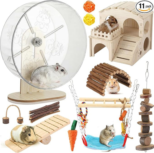 11 Pcs Hamster Cage Accessories Set, Bridge, Exercise Wheel, Swing, Chew Toys & More, Natural Wood Hamster Play Set for Dwarf Hamsters, Mice Small Animals Habitat(Wooden Hawaii House)