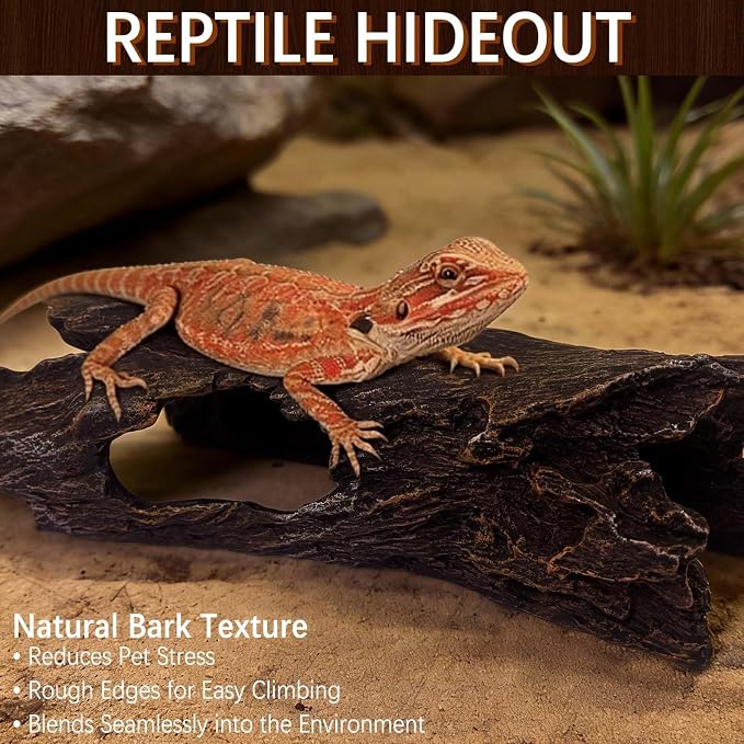 Tfwadmx Leopard Gecko Hide, 10" Reptile Hideout, Resin Simulated Hollow Log for Aquarium, Betta Fish Hideout, Reptile Tank Accessories for Corn Snakes, Lizards, Axolotls