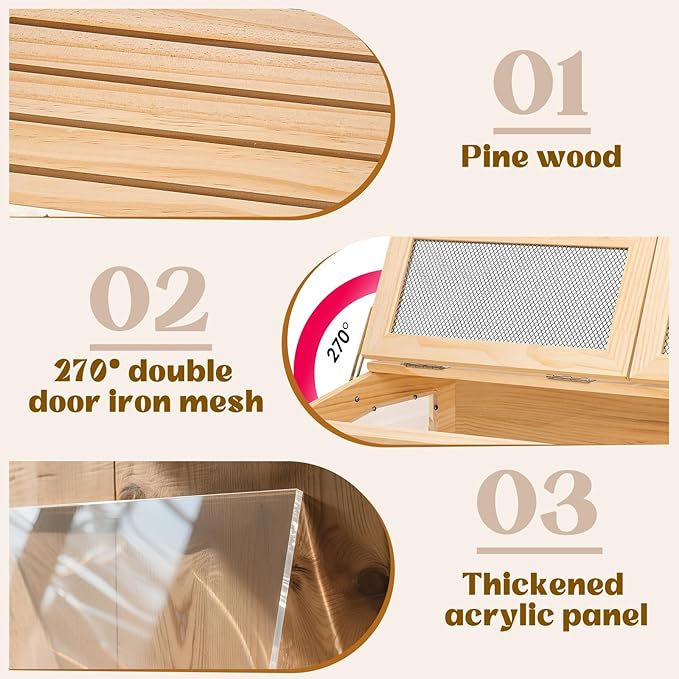 Hamster Cage 40" Wooden Chewproof, 270° Panoramic View Large Habitat with Bite-Proof Mesh, Top Dual Access Doors & Acrylic Panels, for Syrian/Dwarf Hamsters, Guinea Pigs, Chinchillas & Gerbils