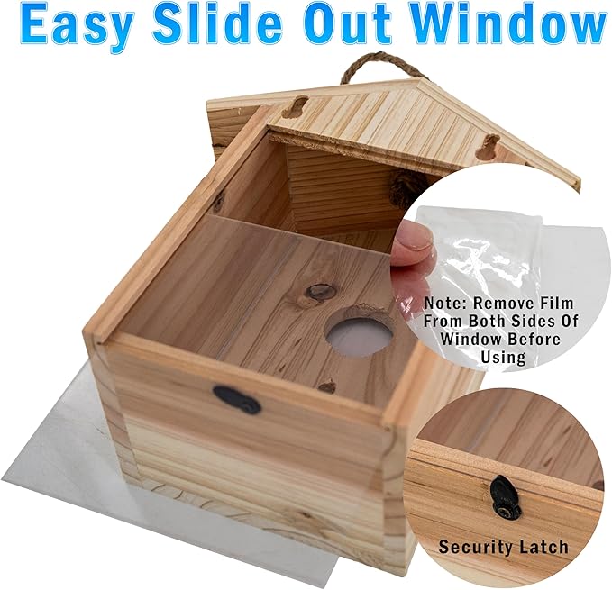 See Through Window Birdh Ouse - Wooden, Large Suction Cups, Hanging Lanyard Rope Bird House - Spy Window Bird Nest Box - Outdoor Bird Watching, Backyard Bird Shelter