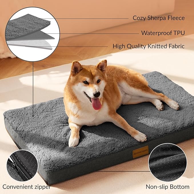 Patas Lague Orthopedic XL Dog Bed Large Sized Dog 48''X30'', Soft Waterproof Egg Crate Foam Large Pet Crate Beds Mat with Removable Washable Cover and Non-Slip Bottom, Dark Grey