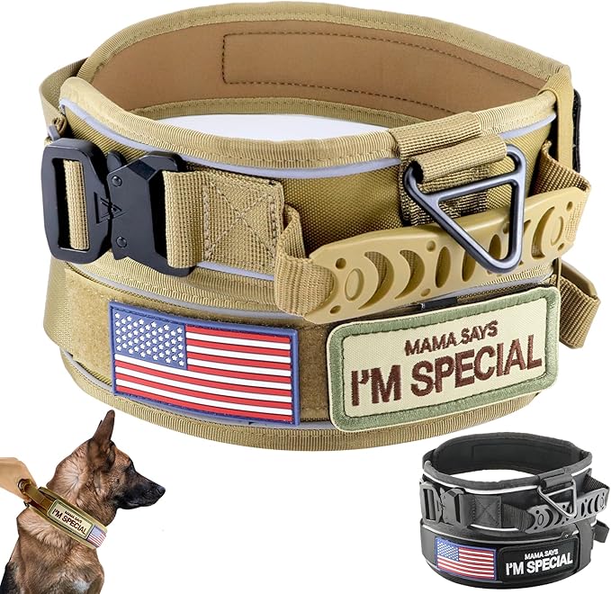 2.5" Tactical Dog Collar for Medium Dogs, Adjustable Heavy Duty Military Nylon Dog Collar with Reflective Stitching & Padded Handle for Hiking/Running/Training (Khaki,M)
