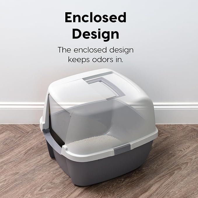IRIS USA Cat Litter Box Large with Front Door Flap, Covered Enclosed Litter Box Enclosure with Scoop, Handle & Buckles for Portability & Privacy, Hidden Litter Pan, Gray
