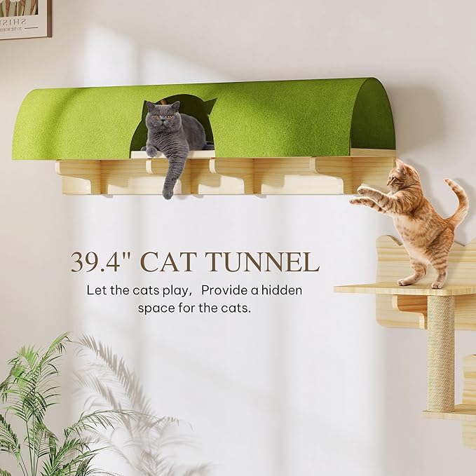 Cat Wall Shelves with Tunnel, 7-in-1 Solid Wood Wall Mounted Cat Furniture with Scratching Post, Cave & Steps, Multi-Level Cat Climbing Wall Systems, Space Saving, Floating Cat Shelves