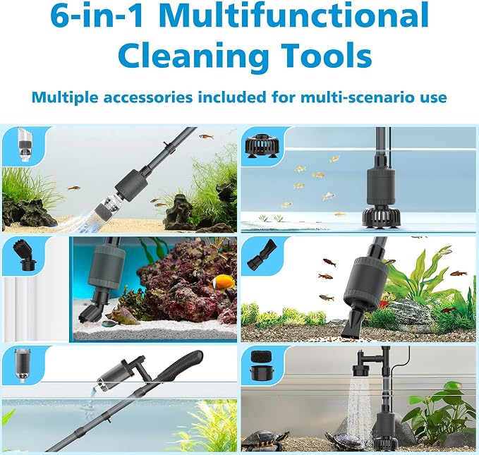 fishkeeper Electric Aquarium Gravel Cleaner, 6 in 1 Automatic Fish Tank Cleaning Tools Gravel Vacuum for Aquarium, Suitable for Water Change Wash Sand Water Circulation Adjustable Flow (25W, 265GPH)