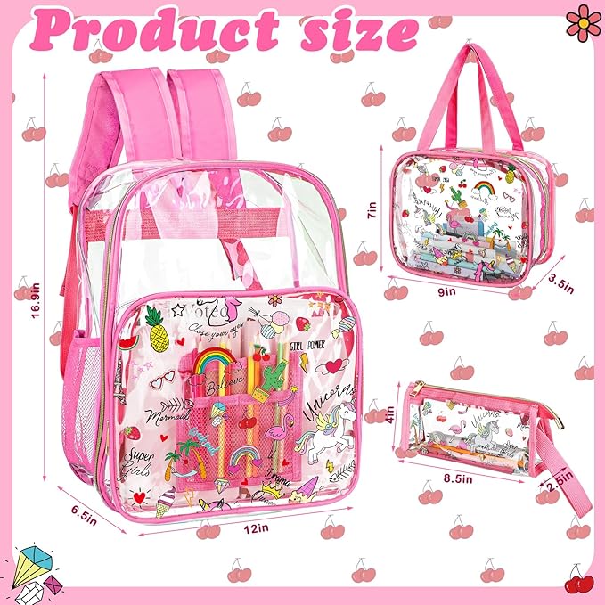 Kacctyen 3 Pcs Clear Backpack Heavy Duty Clear Stadium Bag Transparent Backpack with Lunch Bag(Hot Pink,Luau)