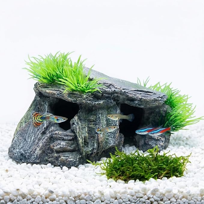 Aquarium Cave & Betta Hideout - Natural Resin Fish Tank Decorations, Small Fish Tank Decor, Hand-Polished Smooth Edges, PH Neutral Stone Decor for Shrimp, Cichlid, and Reptiles (Small)