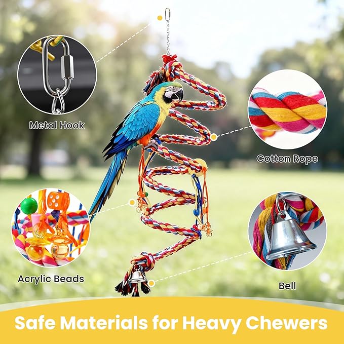 110" Extra Long Bird Rope Perch, 2.4 lb Heavy Duty Cotton Climbing Rope Toy with Bell, Flexible Bungee Swing for Large Parrots Macaw African Grey Cockatoo