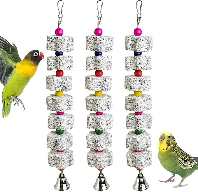 PINVNBY 3 Pack Bird Chewing Toy Lava Calcium Bird Beak Grinding Stone with Bell Hanging Parakeet Cage Accessories for Parrots Budgies Cockatiels African Grey (7 Block Per String)