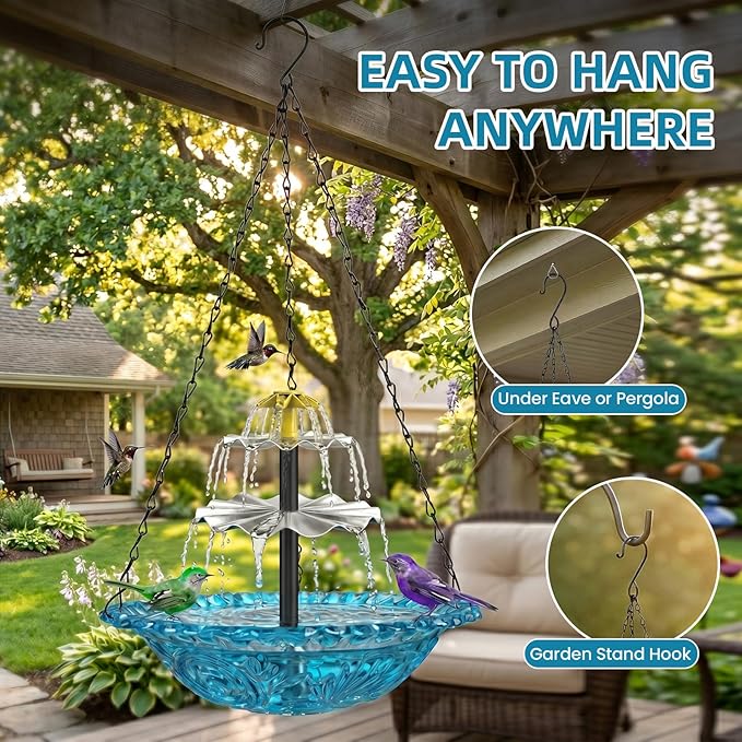 Solar Fountain for Bird Bath, Hanging Cascade Water Feature for Outdoor Garden & Yard Decor, Creates a Relaxing Flow that Attracts Birds (Blue(XL))