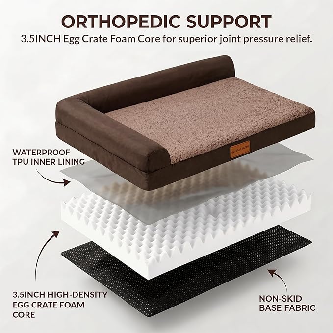 Patas Lague Orthopedic Dog Bed Large Sized Dog 36''X24'', Waterproof L Bolster Medium Pet Sofa Beds with Removable Washable Cover, Soft Comfortable Pet Couch Crate Mat with Nonskid Bottom, Brown