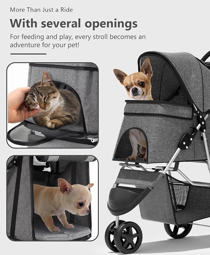 OS MOTOR Pet Stroller with 3 Wheels for Small/Medium Pets, Portable Travel Foldable Carrier Jogger for Dog Cat Puppy Kitty, Rear Wheel Breaks, Storage Basket, Visible Mesh with Weather Cover (Gray)