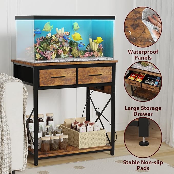 20-29-37 Gallon Fish Tank Stand with Power Outlets and 2 Drawers, Brown | Heavy duty metal frame holds up to 400 pounds with a lower shelf for a second aquarium, turtle tank or reptile terrarium