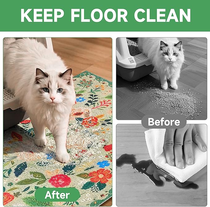 Cat Litter Mat, 24" x 16" Litter Box mat, Upgrade Non-Slip Kitty Litter mat, Traps 100% Litter, Soft on Kitty Paws, Easy Clean for Scatter Control, Bohe cat Food mat, Urine Waterproof