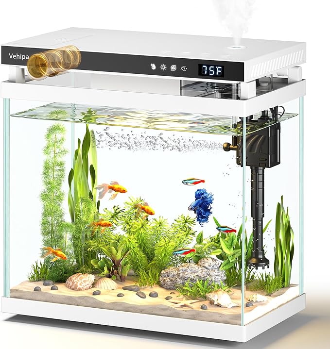 Vehipa Fish Tank Aquarium, 2.2 Gallon White Smart Fish Aquarium Kits | with Auto Feeder, Silent Water Pump, Temperature Display, Smart Humidifier & 7-Color Lighting, for Office & Home