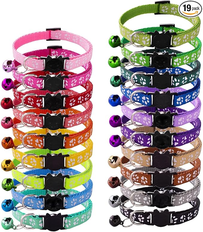 19Pcs Puppy ID Collars with Bell Adjustable 19-32cm, Soft Nylon Adjustable Breakaway Identification Collars for Newborn Pets