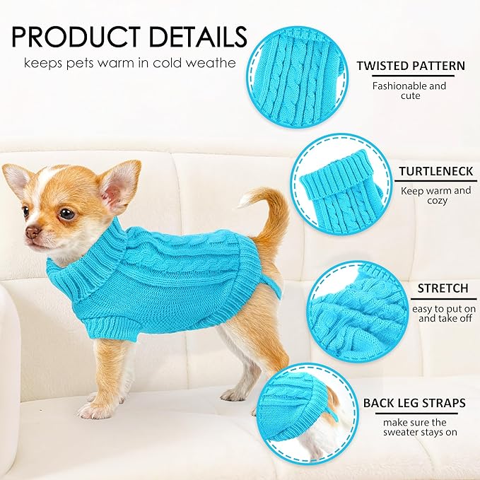2 Pieces Xxs Dog Sweater Chihuahua Clothes Dog sweaters for Small Dogs Girl Boy Teacup Dog Yorkie Turtleneck Knitted Sweater Pet Clothes Fall Dog Clothes Blue White