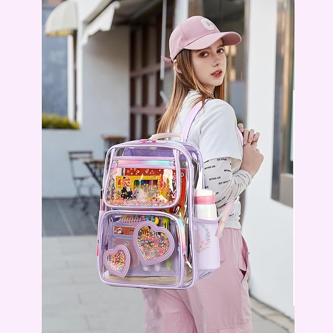 Clear Backpack for Girls,Clear Bookbag Heavy Duty Transparent Backpacks for Stadium Events, See Through Back Pack for Kindergarten Elementary Middle High School (Purple)