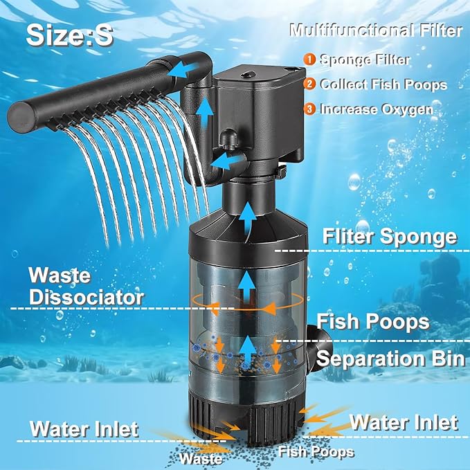Carefree Fish Aquarium Sponge Filter Quiet with Fish Poops Collector Quiet for 3~8Gal Fish Tank for Saltwater and Freshwater