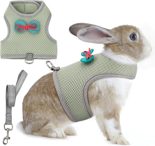 AIITLE Soft Breathable Bunny Harness Set - Escape-Proof Adjustable Vest, Lightweight Reflective Leash for Running, Hiking - Fits Rabbits, Guinea Pigs, Kittens Olive-Green S