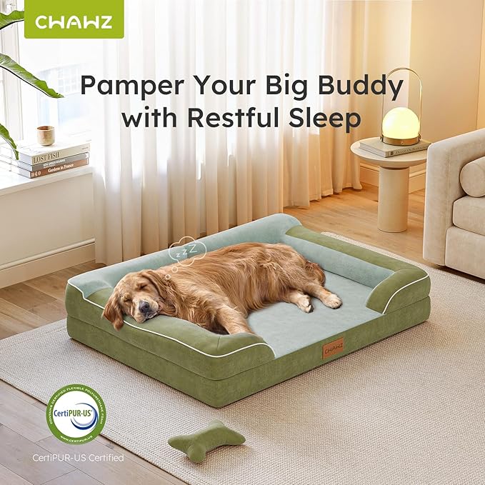 CWAWZ Jumbo Dog Bed for Extra Large Dogs, Orthopedic Dog Bed with Cooling Gel Memory Foam, Waterproof Pet Bed with Removable Washable Cover, 45" Pet Sofa Couch Dutch Velvet with Bone Toy, Dark Green