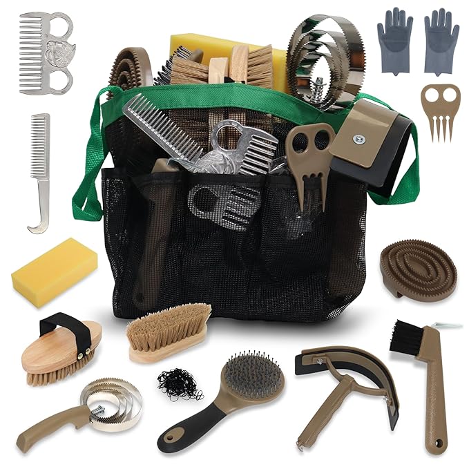 Horse Grooming Kit 14 Pieces, Horse Brushes Set for Grooming & Bathing Supplies, Professional Horse Supplies with Mane & Tail Comb, Curry Comb, Hoof Pick, Gloves & Mesh Tote Bag for Equine Care