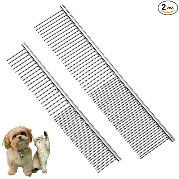 Flezoo 2PCS Dog and Cat Brush, Stainless Steel Pets Grooming Comb Kit, Detangler Deshedding Brush, Metal Knots Hair Remover 6.4" 7.5"
