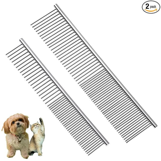 Flezoo 2PCS Dog and Cat Brush, Stainless Steel Pets Grooming Comb Kit, Detangler Deshedding Brush, Metal Knots Hair Remover 6.4" 7.5"