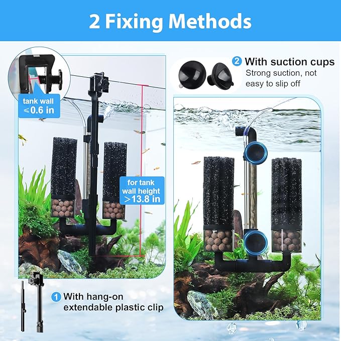 hygger Aquarium Double Sponge Filter: Upgraded Sponge Filter with Larger Filtration Area, Come with Extendable Clip, 2 Spare Biochemical Sponges, Bioceramic Balls, for Freshwater Saltwater Tank - S
