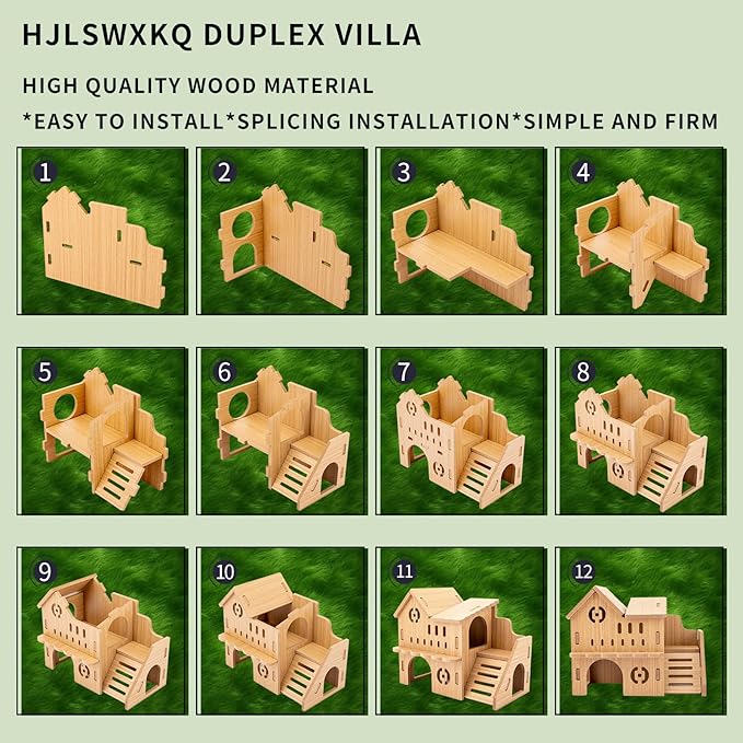 Natural Wood Hamster Habitat Hideout Cage Accessories, Maze Cabin with Fun Slide & Double-Decker House, Exercise Toys for Dwarf Hamsters, Gerbils, Mice, Other Small Animals(Only for Small Hamster B)