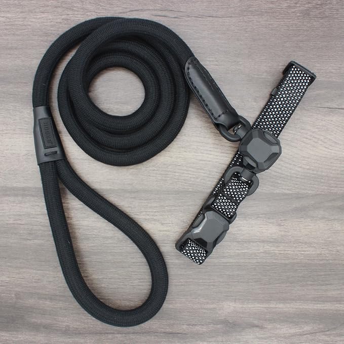 Quick Clip Dog Collar & Rope Leash Set, Blue Large – Magnetic Buckle, Reflective