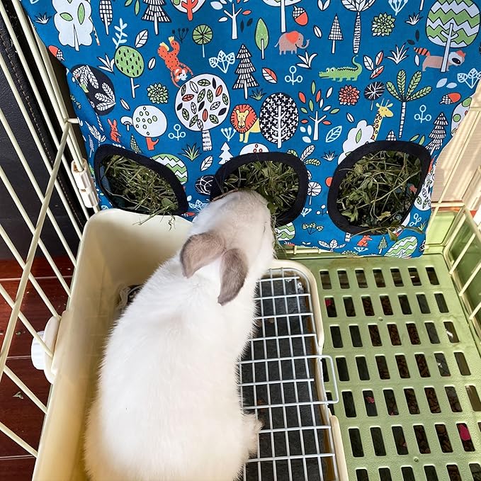 Rabbit Hay Feeder Bag, Guinea Pig Hay Feeder for Cage Small Animal Hanging Feeding Bags Rabbit Hay Dispenser Storage for Rabbits Guinea Pigs Bunnies Chinchillas (Red,Dark Blue, 3 Hole)