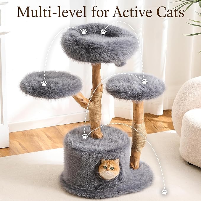 HITTITE Natural Wood Cat Tree Tower with Scratching Post, 40 Inches Tall Modern Cat Tower with Cozy Bed and Condo, Luxury Real Branch Cat Tree for Indoor Cats Large Adult, Grey.