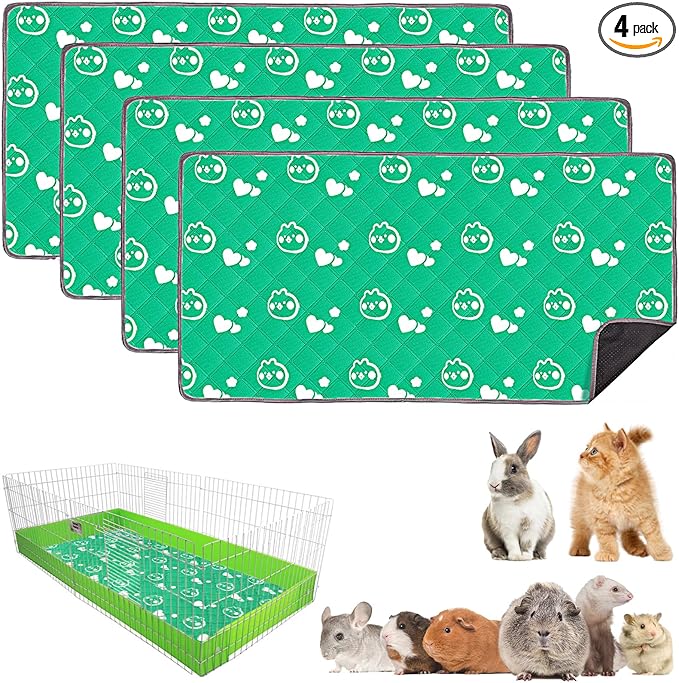 4 Pack Guinea Pig Bedding - Washable Guinea Pig Liners for Midwest Cage, Waterproof Reusable Pee Pads Super Absorbent Mats for Small Animals Pet Rabbit Bunny Hamster Rat (Green, 48 x 24 Inch)