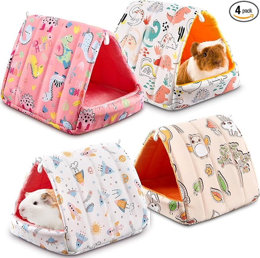 Cinnvoice 4 Pcs Guinea Pig Hideout, Guinea Pig Bed Tunnel, Rabbit Washable Small House Cage Accessories for Bunny Hedgehog Mouse Chinchillas Hamsters Ferrets Bearded Dragons Rats(Cartoon, 7.9 in)