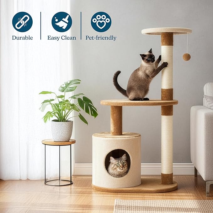 PETMAKER Cat Tree Condo 3 Tier with Condo and Scratching Posts, 37.5", Brown and Tan