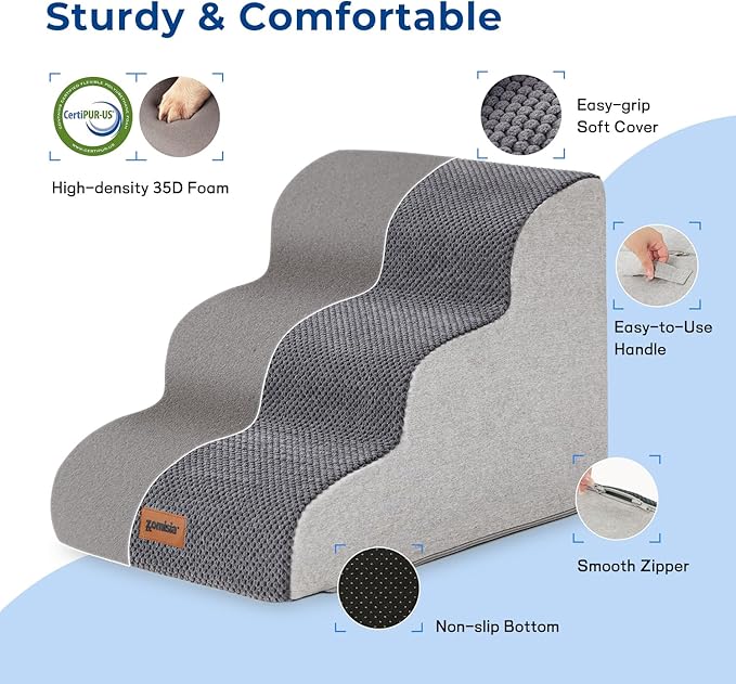 ZOMISIA Pet Stairs for Small Dogs 15.7" H - Dog Stairs for Couch and Bed, 35D Foam Dog Steps Ramp with Non-Slip Bottom Grey, 3 Steps
