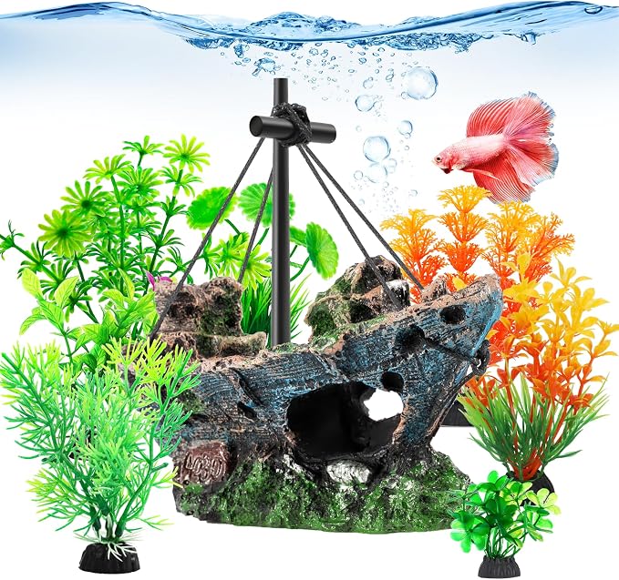 CousDUoBe 8 Pack Fish Tank Decoration Set Aquarium Accessories，Sunken Ship Decoration Aquarium Plants — Safe Resin Fish Tank Decor for Betta, Shrimp (5.3 x 2.5 x 4.5 inches)