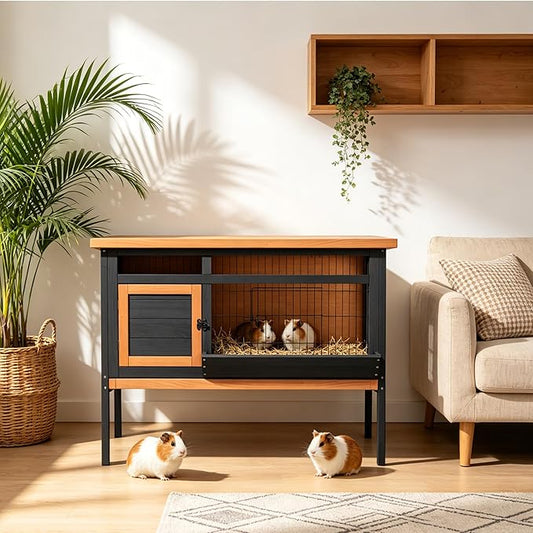 Elevated Guinea Pig Cage, Wooden Rabbit Hutch with Pull-Out Tray for Easy Cleaning, Waterproof Roof Small Animal House Indoor/Outdoor with Metal Mesh Base, for Bunny, Hamster, Quail (Orange/Black)