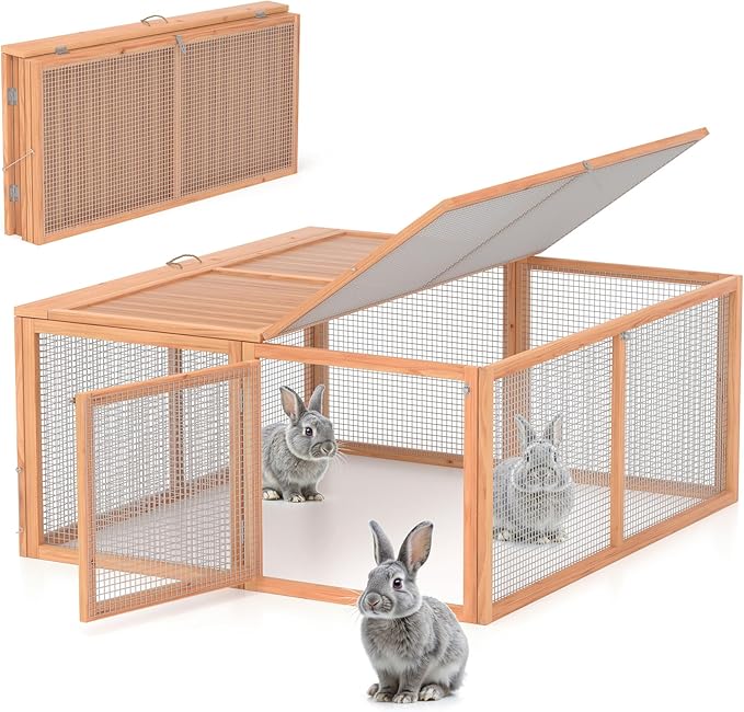 Chicken Coop, Wooden Rabbit Hutch Outdoor Indoor Folding Bunny Cage with Handle Portable Chicken Run with Top & Side Opening Doors Small Animal Playpen No Assembly Pet Poultry Cage for Bunny(Wood)