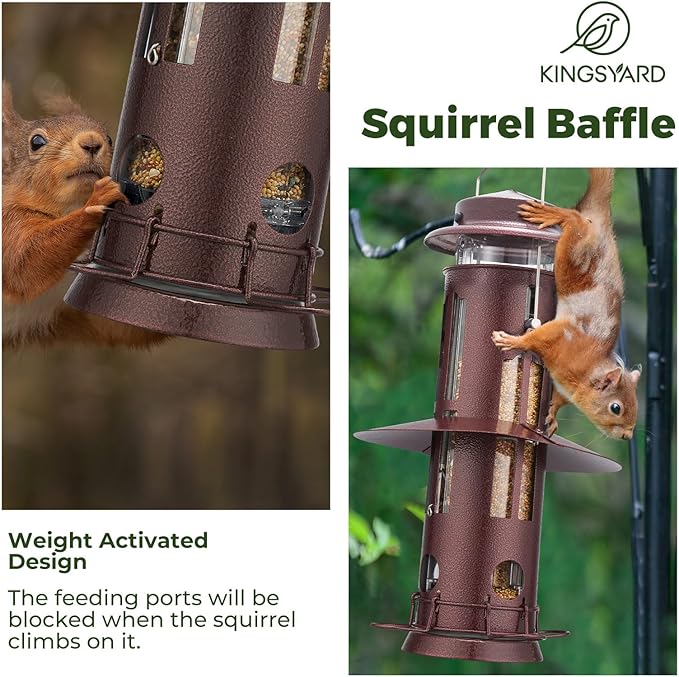 Kingsyard Squirrel Proof Bird Feeders with Weight-Activated Perches, Metal Wild Bird Feeder for Outdoors Hanging, 3 lb Large Seed Capacity, Antique Copper