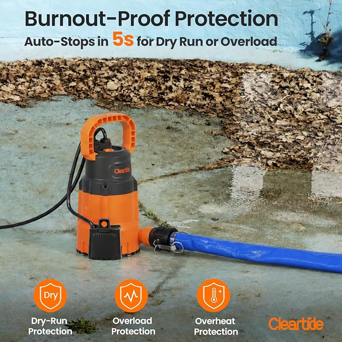 utility submersible pump with water sensor 1/3hp pump with hose, 10ft