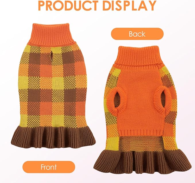 Dog Sweater Dress Plaid Knitwear for Small Medium Dogs Warm Puppy Pet Turtleneck Stretch Pullover Cute Fall Winter Vest Clothes with Leash Hole for Christmas (Orange, M)