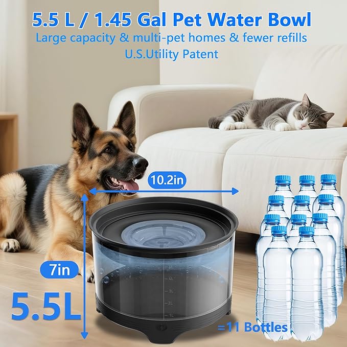 5.5L No Spill Water Bowl for Dogs, 1.45Gallon No Splash Large Dog Water Bowl with Floating Disk, Spill Proof Slow Drinking Dog Bowl for Messy Drinkers and Senior Dogs Indoor/Outdoor Use Black