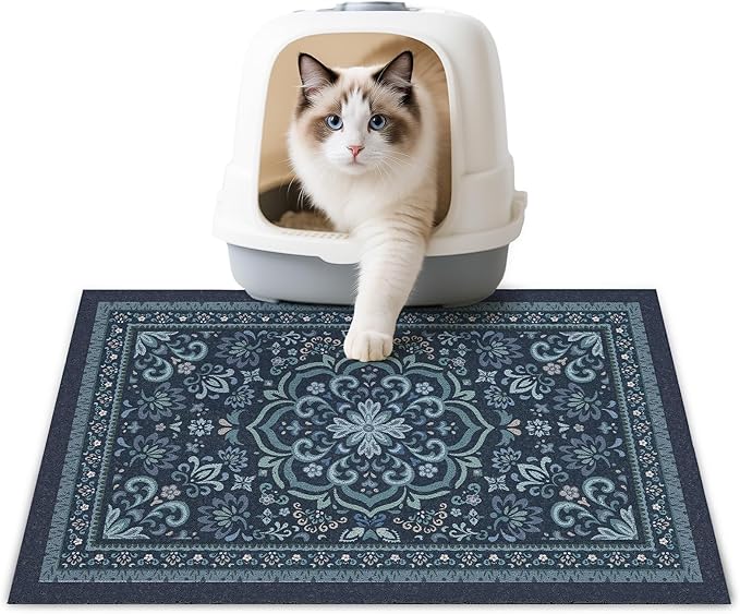 Unicorn Catcher Cat Litter Mat 24" x 15" Non-Slip Litter Box Mat Washable Litter Catcher Mat for Litter Box Indoor Food Mat Supplies Essentials,Navy Blue