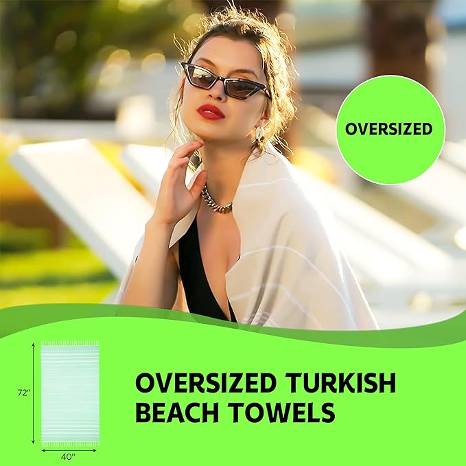 HAVLULAND Turkish Beach Towels, Oversized 40"x72" Turkish Bath Towel, Highly Absorbent Quick Dry Sand Free Beach Towels for Beach Pool Spa Gym Yoga Travel Camping Picnic Blanket - Pistachio