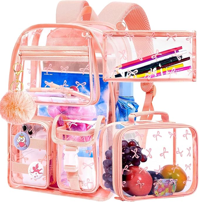 CCJPX 3Pcs Clear Backpack for Girls, School Transparent Bookbag, Heavy Duty See Through Backpacks for Teens Elementary