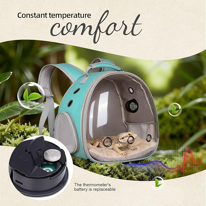 Bearded Dragon Travel Backpack Carrier with Reptile Thermometer and Humidity Gauge Lizard Travel Cage Space Capsule Clear Bubble Window Astronaut Reptile Carrier Bag for Ball Python (Green, Backpack)