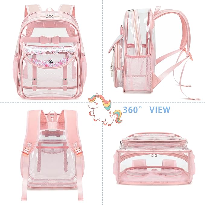Clear Backpack for School,Heavy Duty PVC Transparent Bookbag for Girls Women Stadium Approved See Through Backpacks Kids Elementary Laptop Bags for Teens,Sports,Students,Work,Travel Pink