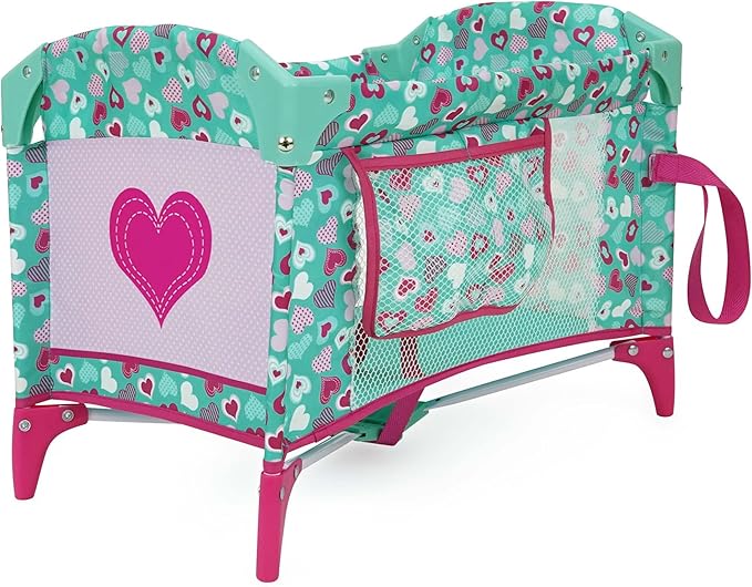 509 Crew: Mint Heart - Dream n' Fun Doll Play Yard - Pink & Green, Portable Sleep Crib, Storage Pockets, Toys-Dolls-Stuffed Animals Accessory, Kids 3+